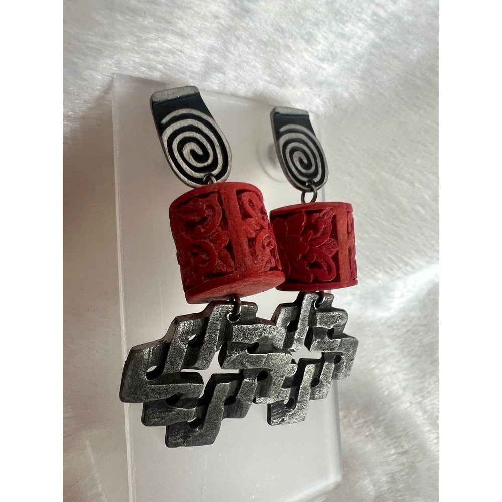 Alice Seely Urbanβ Tribal Red Carved Cinnabar Style Drop Earrings Boho Festival
